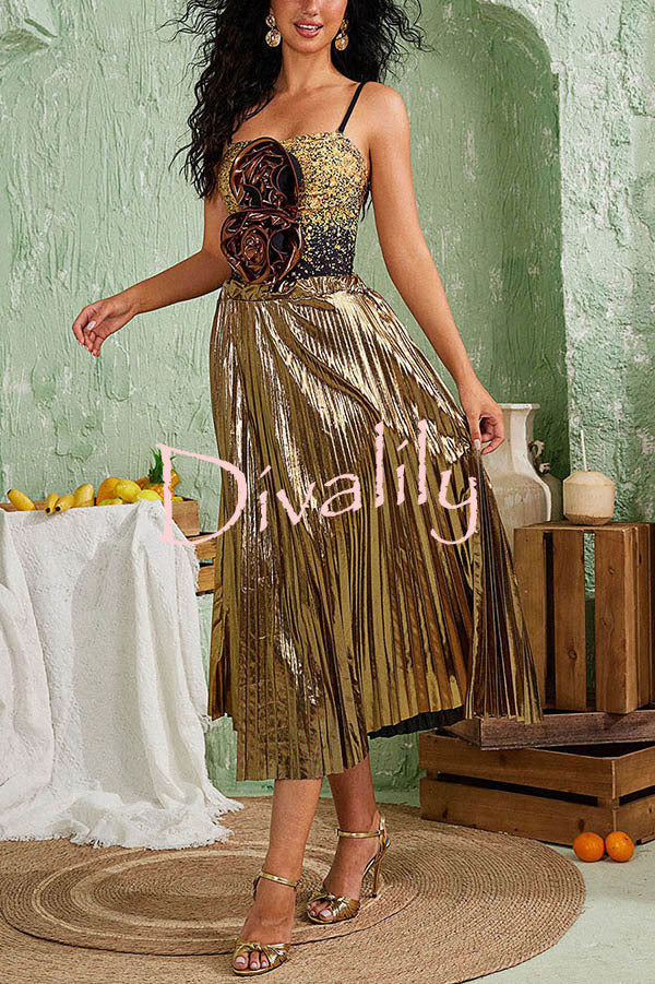 Fashion Metallic Fabric Elastic Waist Beach Midi Skirt