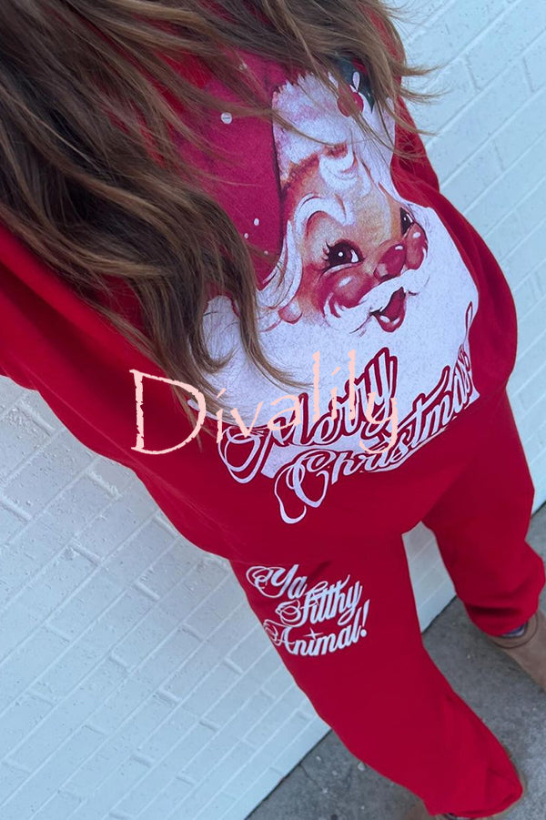 Christmas Santa Print Loose Round Neck Sweatshirt and Elastic Waist Casual Pants Set