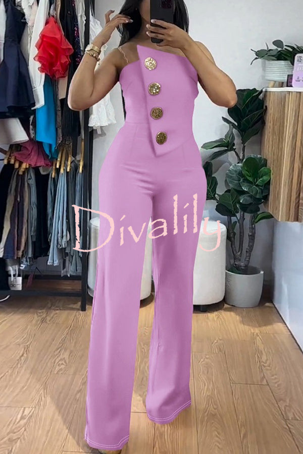 Solid Color Sexy Tube Top Gold Button Embellished Bootcut Jumpsuit