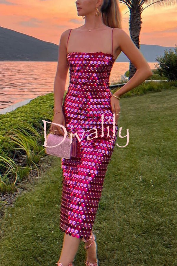 Sexy Sequined Halter-neck Backless Slim Fit Slit Midi Dress