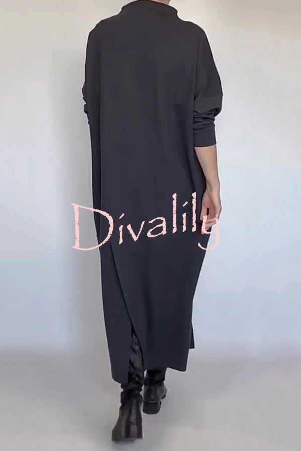 Solid Color Loose Long Sleeve Large Pocket Casual Maxi Dress