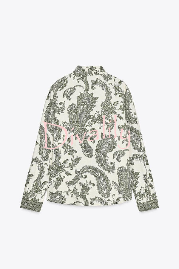Blend Into Leaves Linen Blend Unique Print Long Sleeve Blouse and Wrap Tie-up Mini Skirt Set