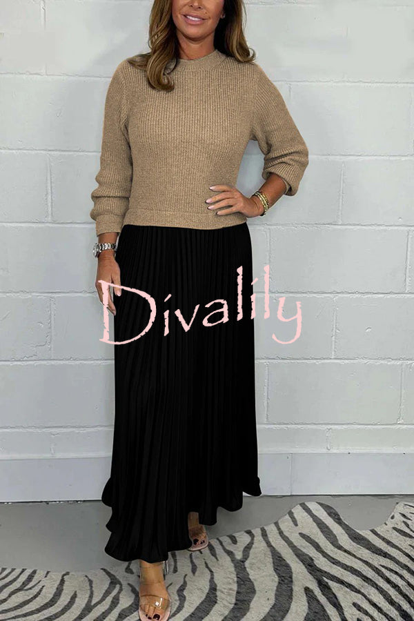 Stylish Knitted Round Neck Long Sleeve Patchwork Pleated Hem Maxi Dress