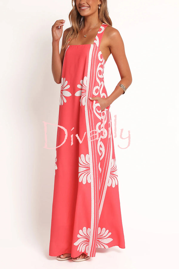 Unique Print Square Neck Open Back Tie Bow Holiday Maxi Dress