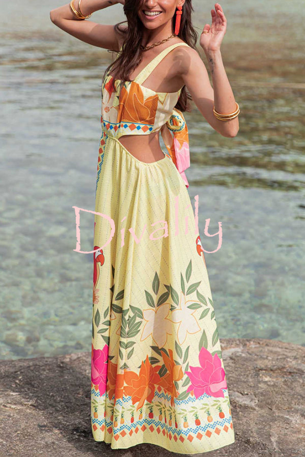 Resort Style Unique Print Sexy Square Neck Backless Waist Maxi Dress