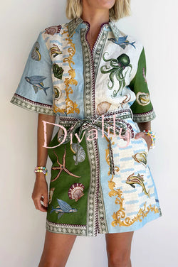 Deep Sea Dreaming Linen Blend Unique Print Tie-up Pocketed Shirt Mini Dress