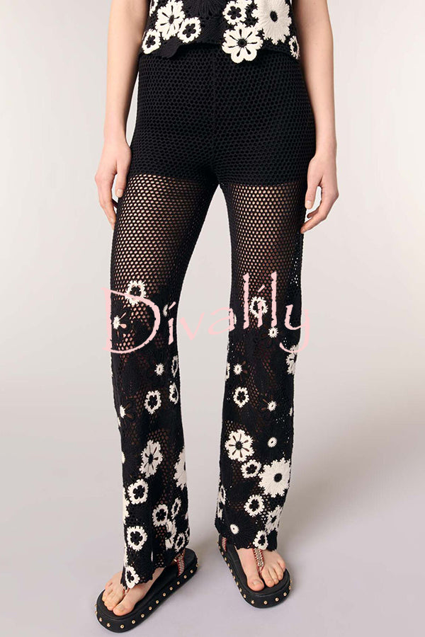 Fashion Embroidered Hollow Hook Elastic Waist Casual Wide-leg Pants