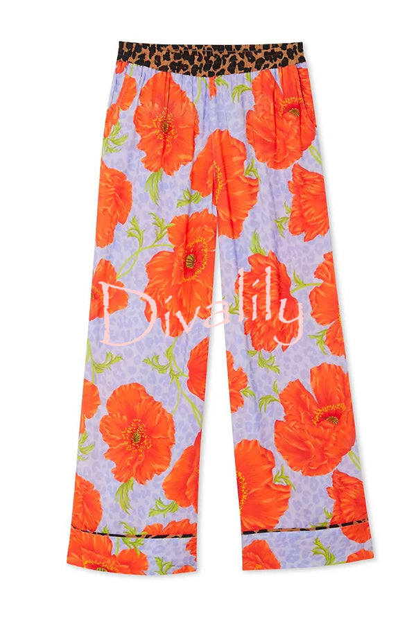 Color-block Poppy Leopard Print Trim Loose Shirt and Elastic Waist Pocketed Pajama Set