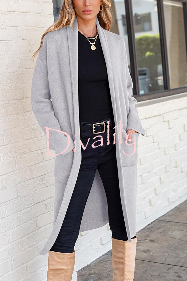 Solid Color Long-sleeved Casual Loose Pocket Mid-length Cardigan