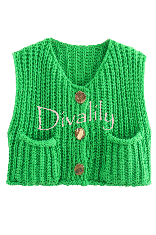 Solid Color Sleeveless Pocket Knitted Vest