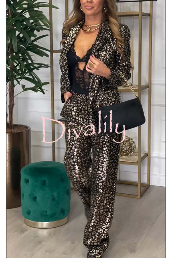 Mona Leopard Metallic Fabric Lapel Boyfriend Blazer and Elastic Waist Pocketed Loose Pants Set