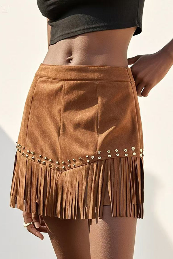 Fashion Suede Studded Tassel Hem Mini Skirt
