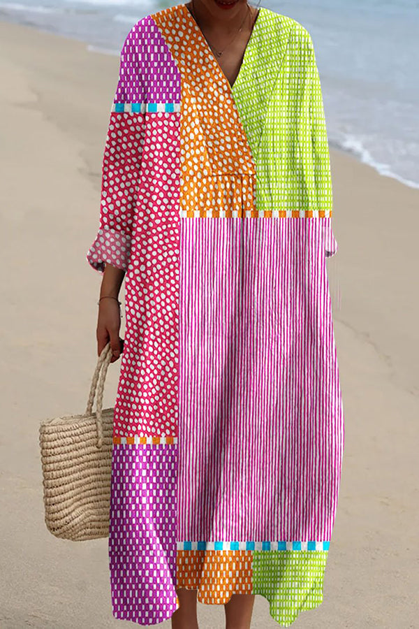 Striped Spot Print V-Neck Long Sleeve Loose Midi Dress