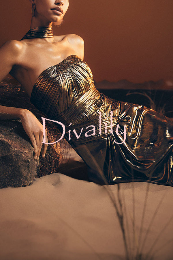 Clemence Plisse Metallic Fabric Reverse Halter Beck Strap Drape Slit Maxi Dress