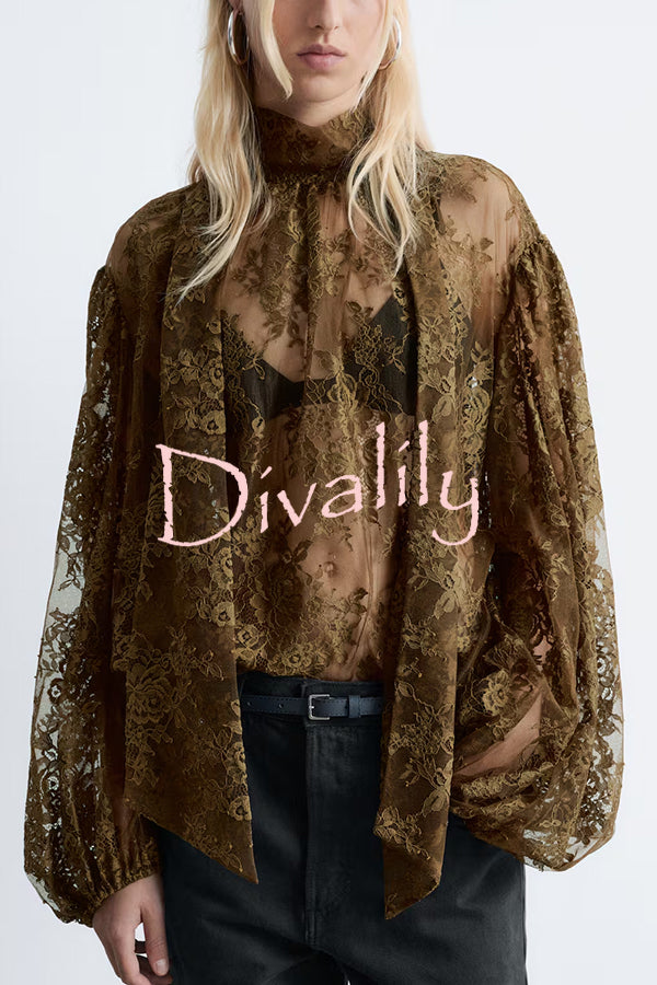 Reigna Semi-sheer Floral Lace Bow Neck Balloon Sleeve Loose Blouse