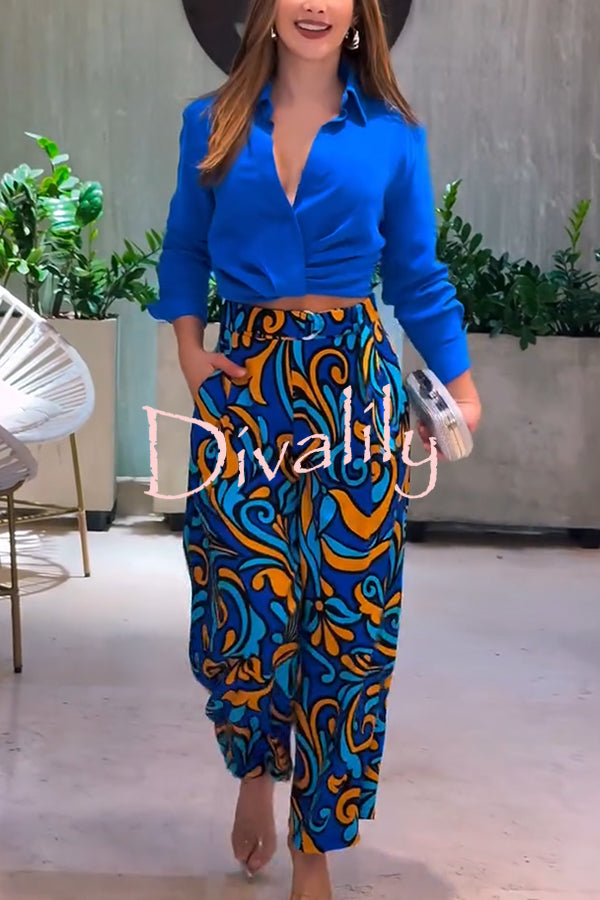 Ocean Heart Linen Blend Printed Ruched Hem Blouse and Belted High Rise Pocket Loose Pants Set