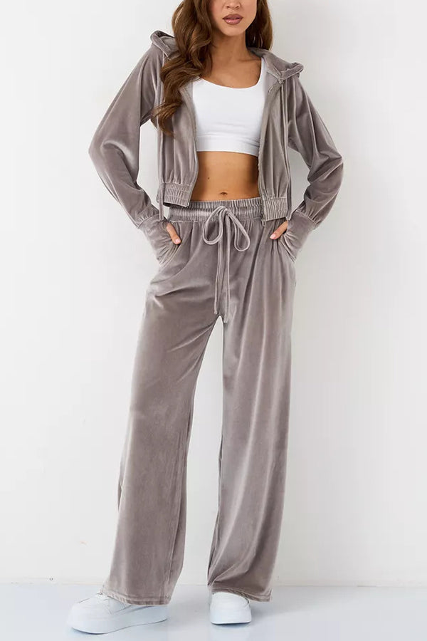 Solid Color Velvet Hooded Zip-up Sweatshirt and Elastic Waist Casual Pocket Straight-leg Pants Set