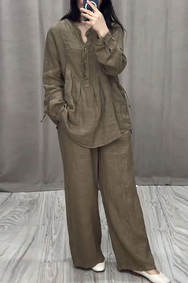 Linen Blend Long-sleeved Casual Top and Loose Pocket Wide-leg Pants Set