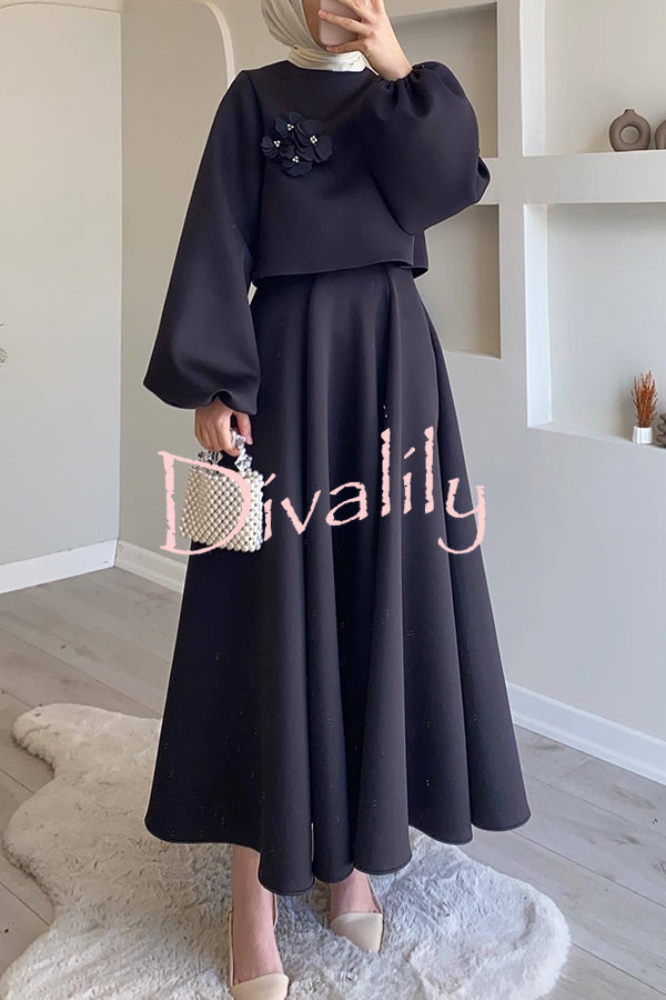 Solid Color Flower-embellished Lantern Sleeve Loose Top and Casual Maxi Skirt Set