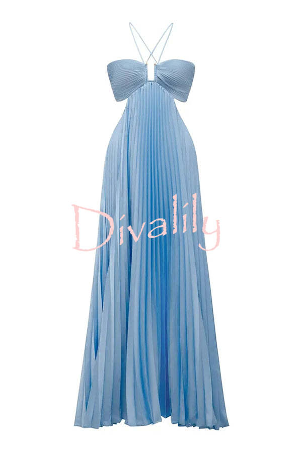 Caught Your Eye Satin Pleated Cross Straps Cutout Flowing Maxi Dress