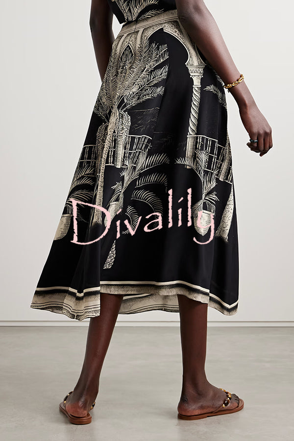 Satin Botanical Print Sleeveless Lounge Top and Midi Skirt Set