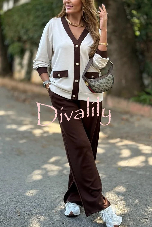 Stylish Color-blocked V-neck Knitted Button-down Cardigan and Elastic Waist Casual Wide-leg Pants Set