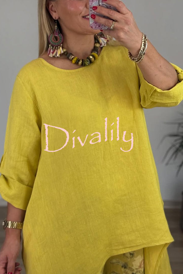 Linen Blend Crew Neck Long Sleeve Irregular Loose Top and Elastic Waist Floral Print Casual Pocket Set