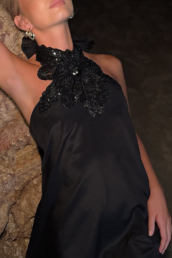 Floral Embellished Satin Halterneck Backless Resort Maxi Dress