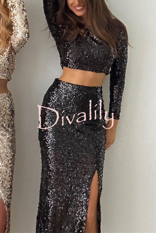 Solid Sequined Long-sleeved Crop Top and Sexy Slit Midi Skirt Set