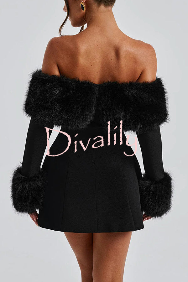 Cute and Luxe Faux Fur Trim Off Shoulder Bubble Shaped Mini Dress