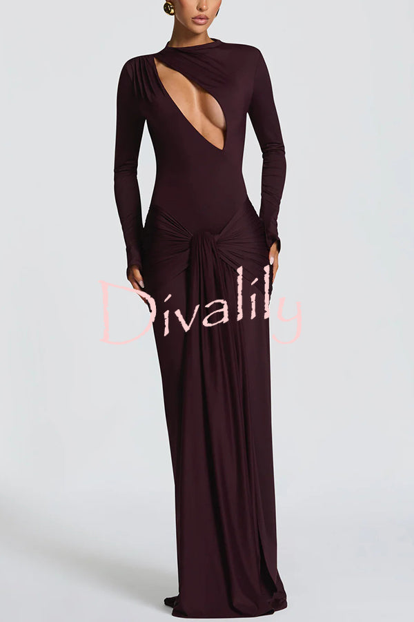 Sexy Cutout Fitted Long-sleeved Pleated Satin Ribbon Maxi Dresses