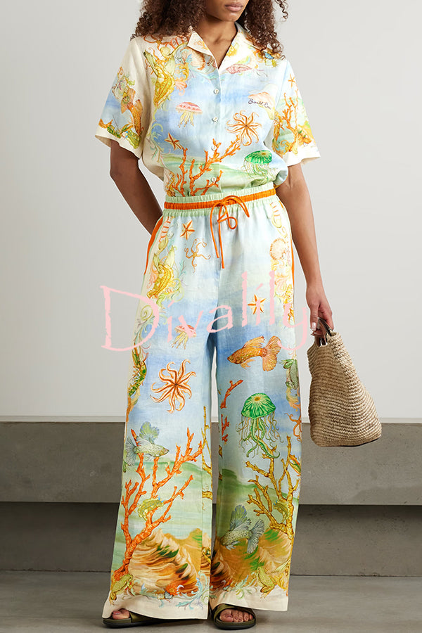 Unique Printed Lapel Short Sleeve Loose Shirt and Elastic Waist Casual Pocket Vacation Pants Set