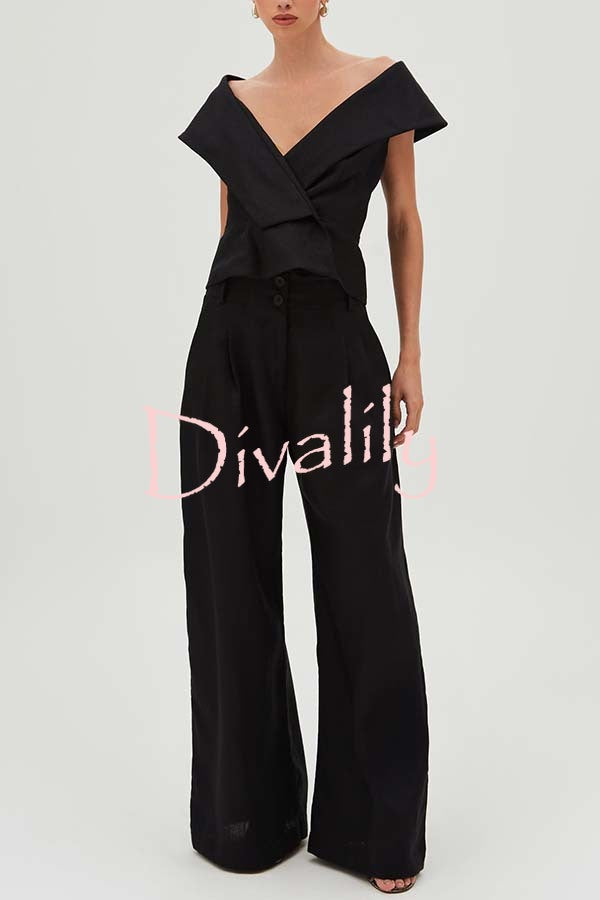 Velena Linen Blend Button Up Lapel Top and High Rise Pocket Wide Leg Pants Set