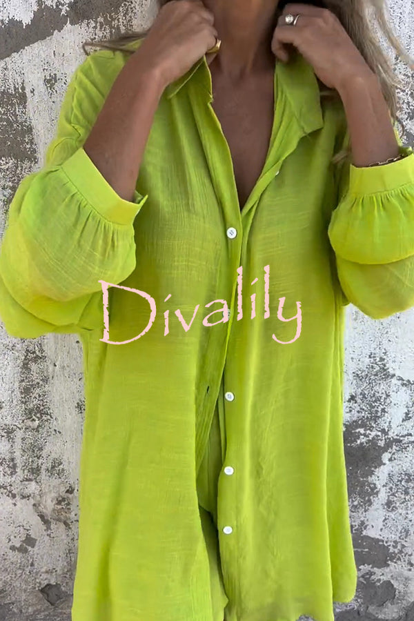 Solid Color Casual Lapel Long Shirt and Elastic Waist Loose Pocket Shorts Set