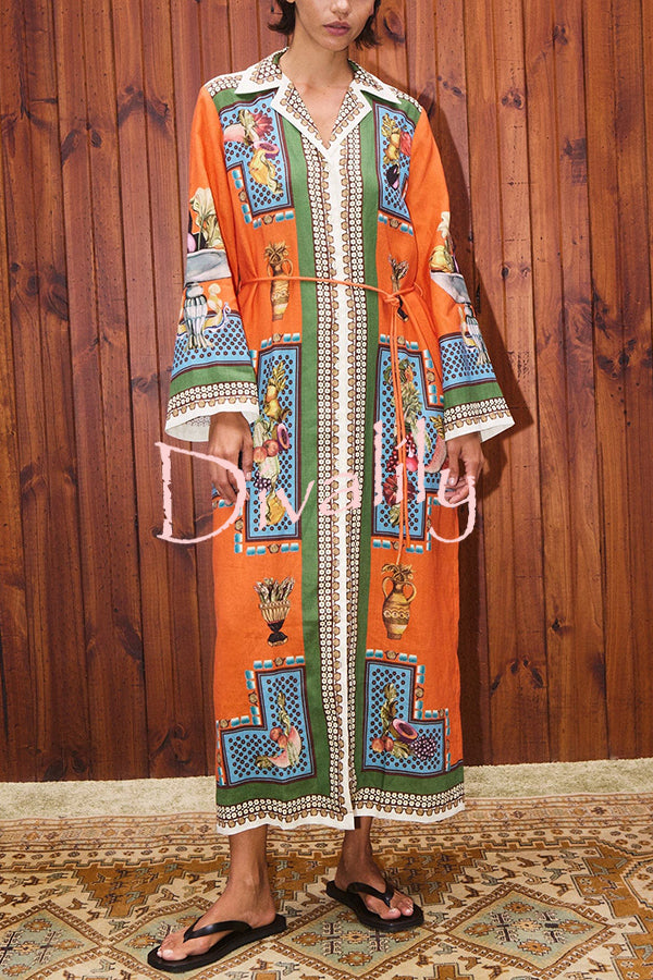 Linen Blend Unique Print Tie-waist Casual Maxi Dress