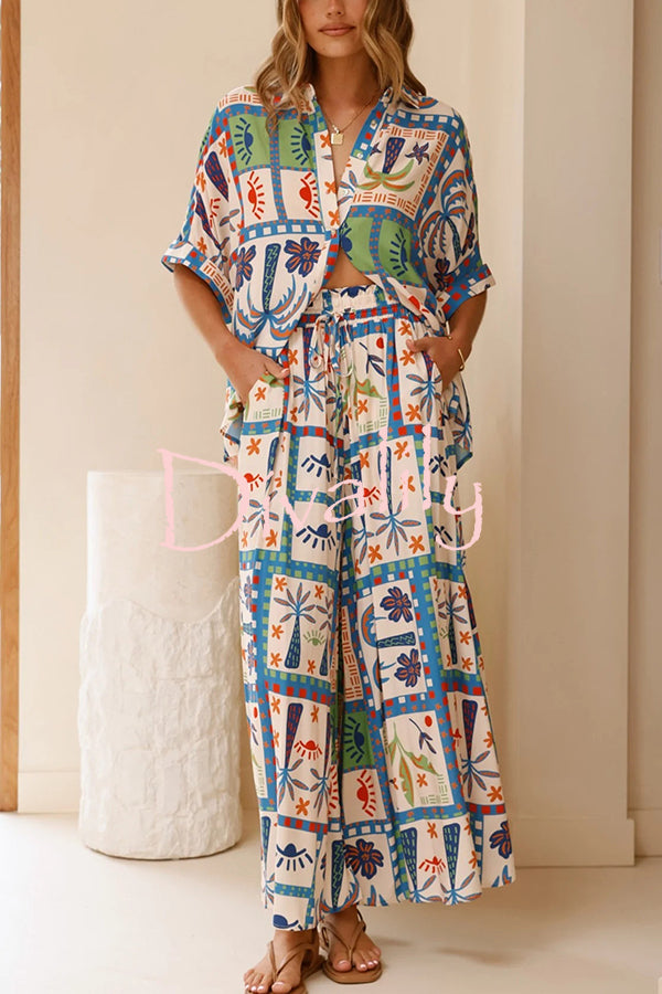 Unique Print Lapel Short Sleeve Loose Shirt and Elastic Waist Casual Pocket Wide Leg Pants Set