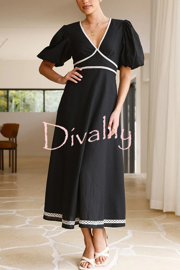 Fashionable Contrasting Color Edge V-neck Puff Sleeve Midi Dress