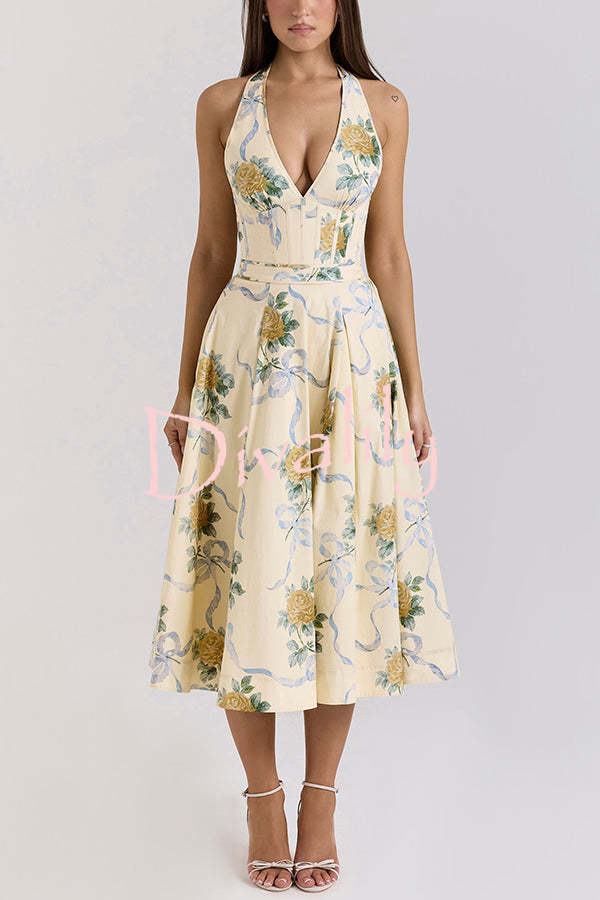 Resort Star Floral Print Waist Halterneck Tie Pocket Midi Dress