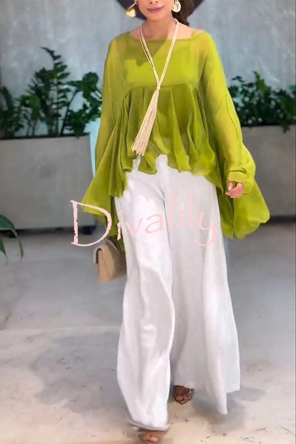 Romantic Journey Chiffon Ruffle Batwing Sleeve Top and Elastic Waist Pocket Loose Pants Set