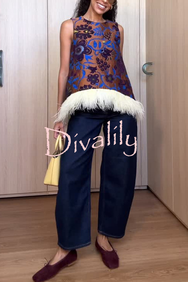 Emina Floral Feather Trim Trapezoidal Silhouette Asymmetrical Hem Top