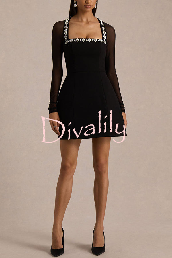 Emmey Jewel Embellished Trim Square-Neck Mesh Long Sleeve Mini Dress