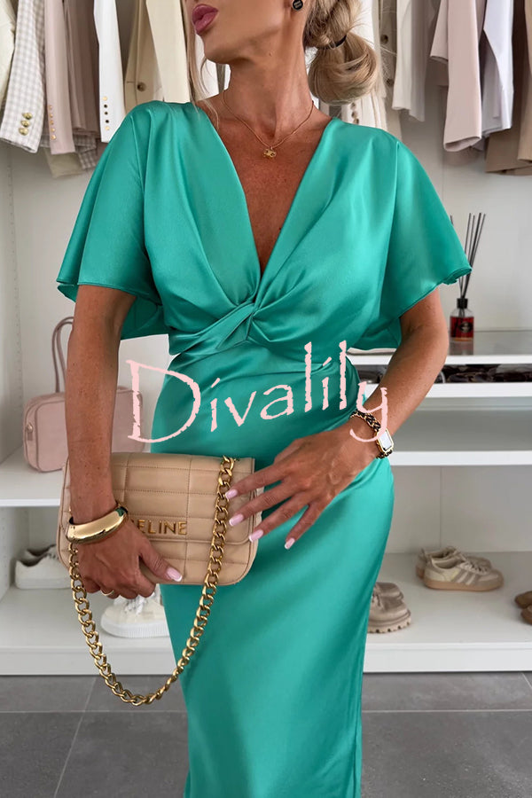 Satin Solid Color V-neck Cross Knot Slim Maxi Dress