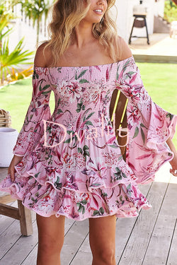 Floral Print Off The Shoulder Pleated Bell Sleeve Fitted Mini Dress