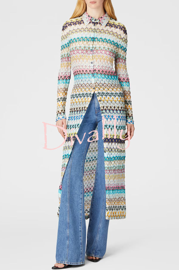 Anna Knit Colorful Herringbone Print Shirt Neck Button Long Sleeve Slim-fit Long Cardigan
