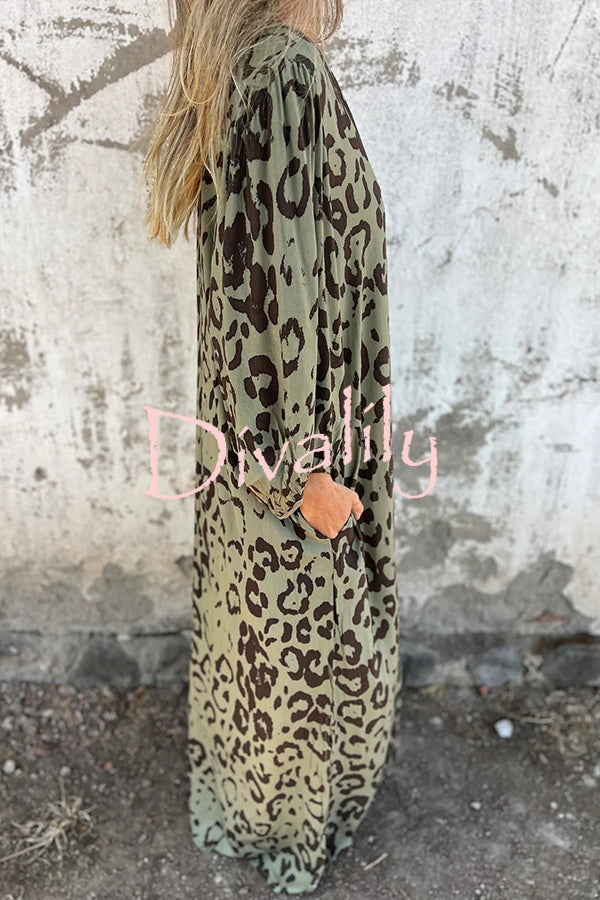 Leopard Print Loose V-neck Pocket Holiday Style Maxi Dress