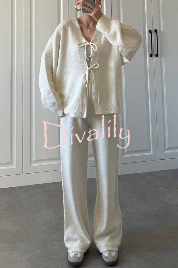 Solid Color V-neck Tie Long-sleeved Loose Knit Cardigan and Elastic Waist Casual Straight Leg Pants Set