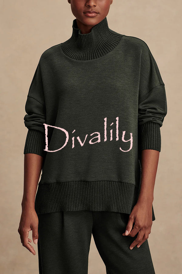 Barker High-Neck Long Sleeve Side Zipper Sweatshirt and Elastic Waist Pocketed Loose Pants Set