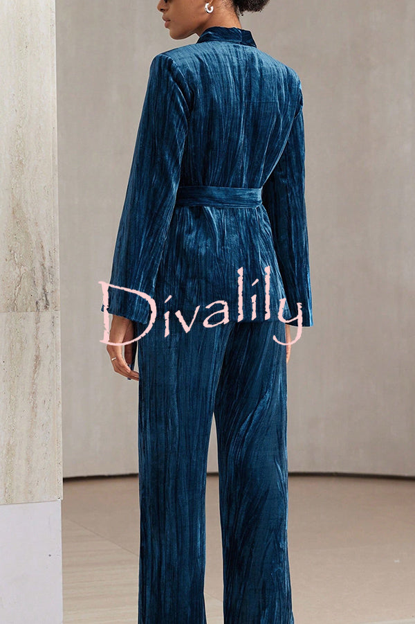 Solid Color Velvet Pleated Long-sleeved Tie Top and Casual Pocket Straight-leg Pants Set
