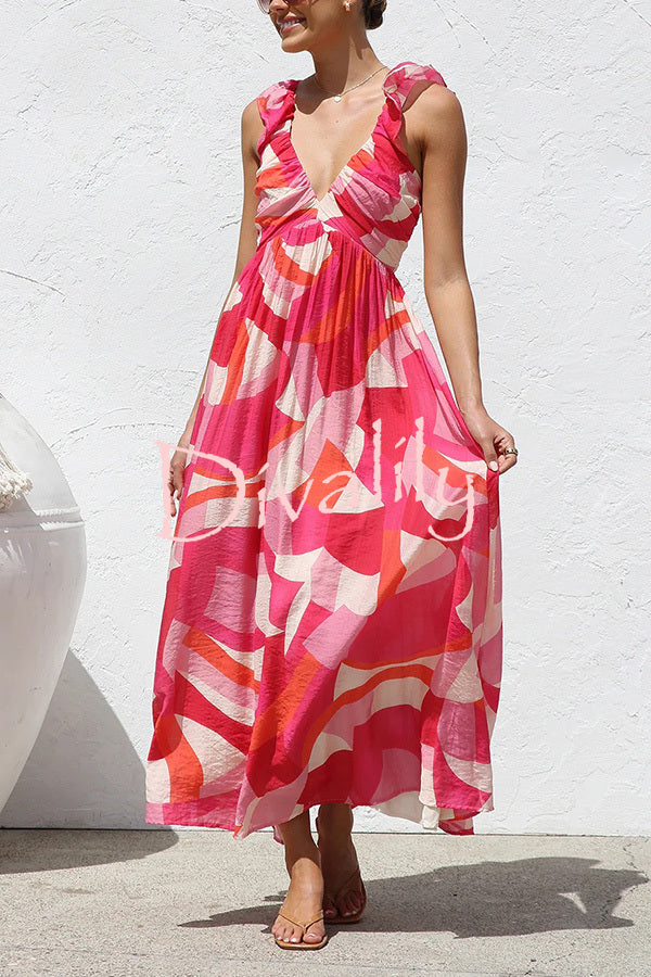 Unique Printed V-neck Ruffled Straps Pleated Back Maxi Dress