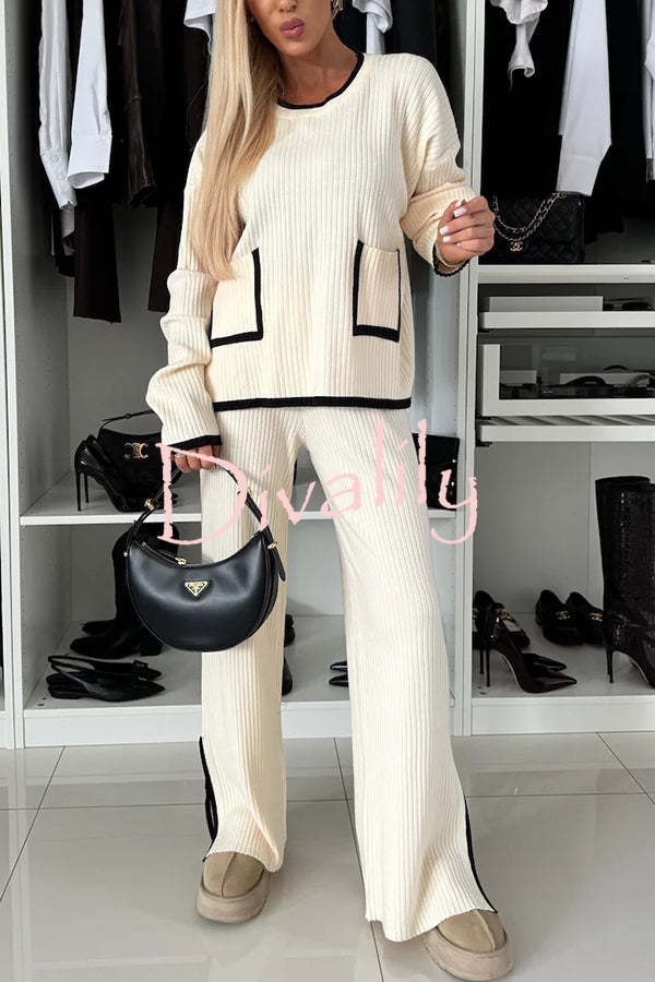 Warm Embrace Knit Ribbed Colorblock Trim Pocket Top and Stretch Slit Pants Set